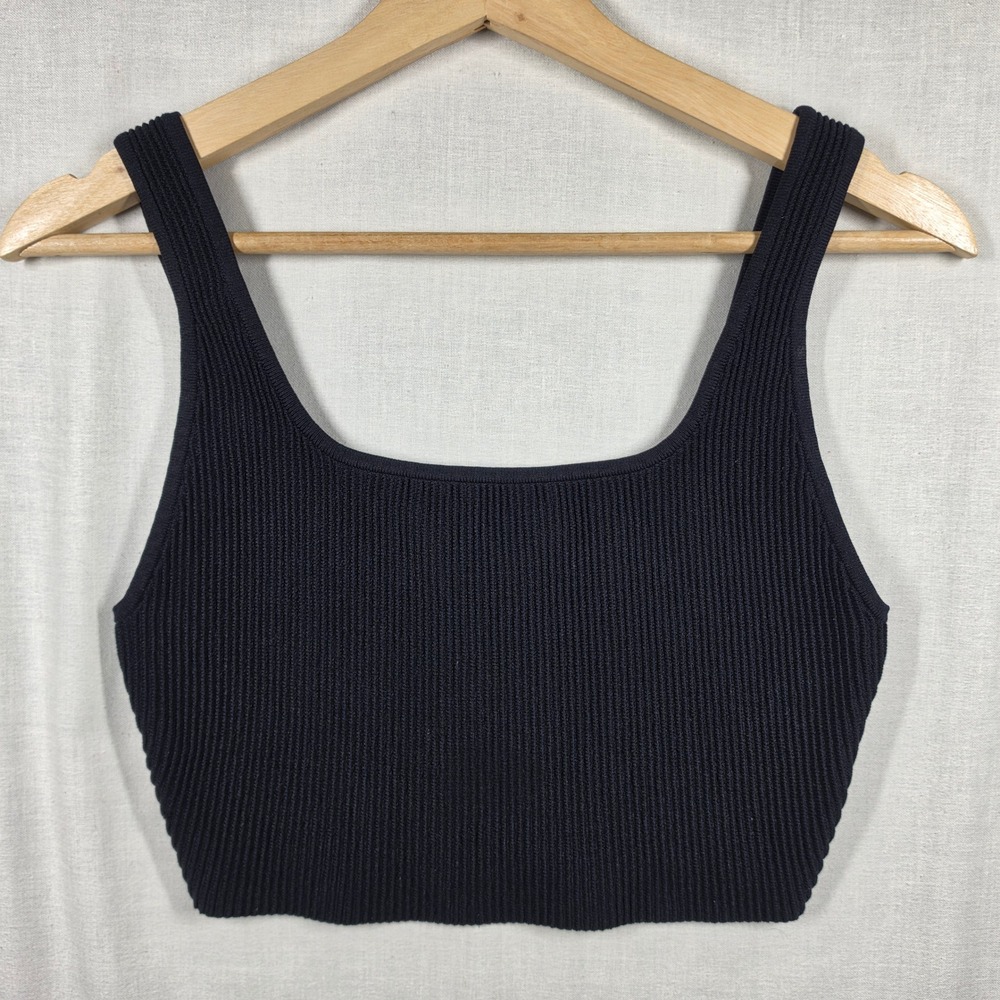 Aritzia Babaton Sculpt Crop Top Womens Medium Black Ribbed Knit Square Neck